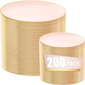 bUCLA 200PCS Pink Plastic Plates - Heavy Duty Pink Disposable with Gold Rim - Include 100 Each (10 inch Dinner & 7 inch Dessert) Plates, Ideal for Party, Wedding & Mother's Day