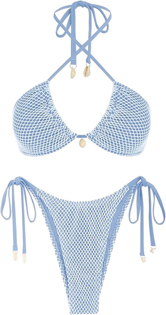 ZAFUL Women's Bikini Set Fishnet Triangle Tie Convertible Collar Halter Bandeau Shell Two Piece Bathing Suit (Blue, XL)