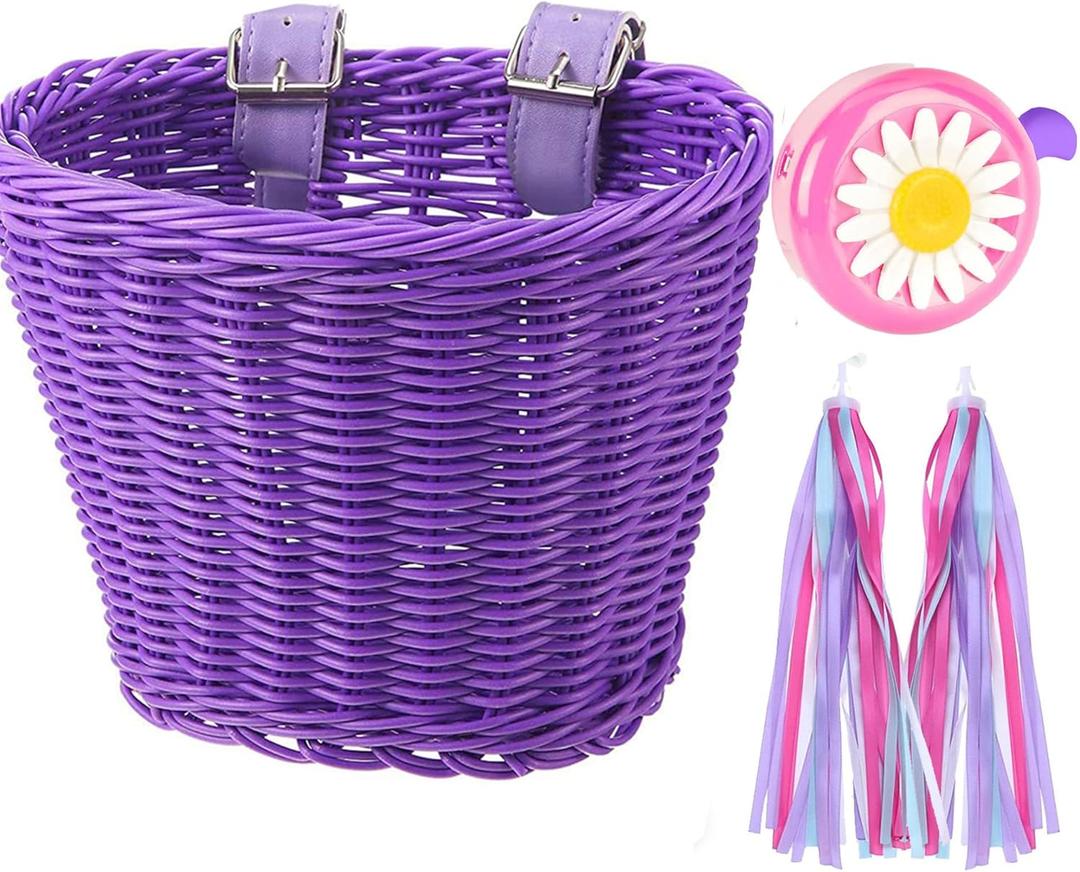 Bike Basket Kid Bicycle Basket Bike Accessories, 1pc Bicycle Bell with Stickers, 1pc Kid Bicycle Front Basket and 1pairs Colorful Ribbons Tassels Decoration for Girl Boy (Purple)