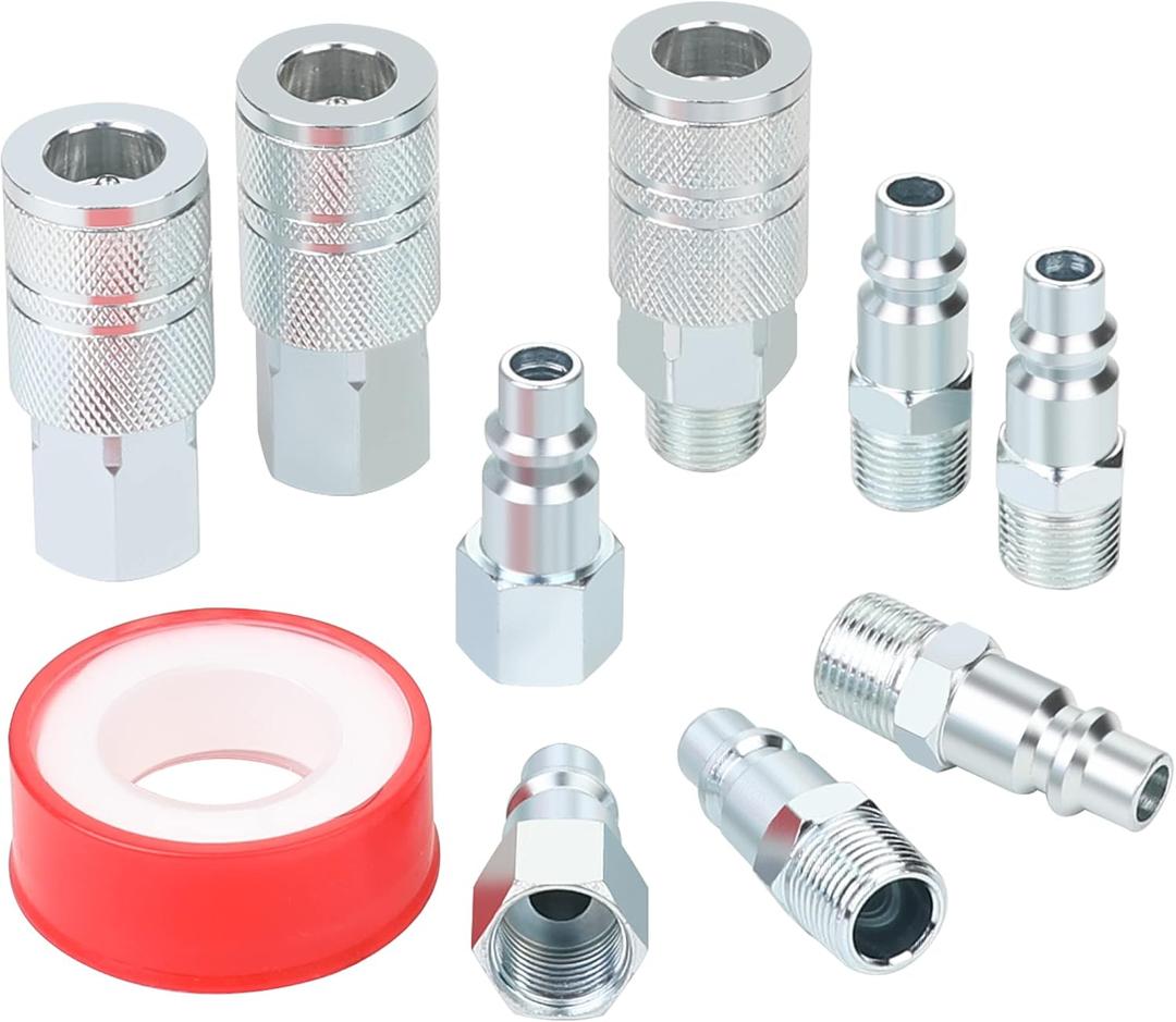 3/8 High Flow Air Hose Fittings Set, 3PCS 3/8 Body I/M Industrial Air Coupler and 6PCS 3/8 Body Air Plug with 3/8 Inch NPT Threads Size, 10PCS Air Compressor Accessories Quick Connect Set