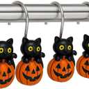 Halloween Shower Curtain Hooks Set of 12  Black Cat on Pumpkin Design  Durable Resin Bathroom Decor Hooks for Halloween Party, Kids & Holiday Theme