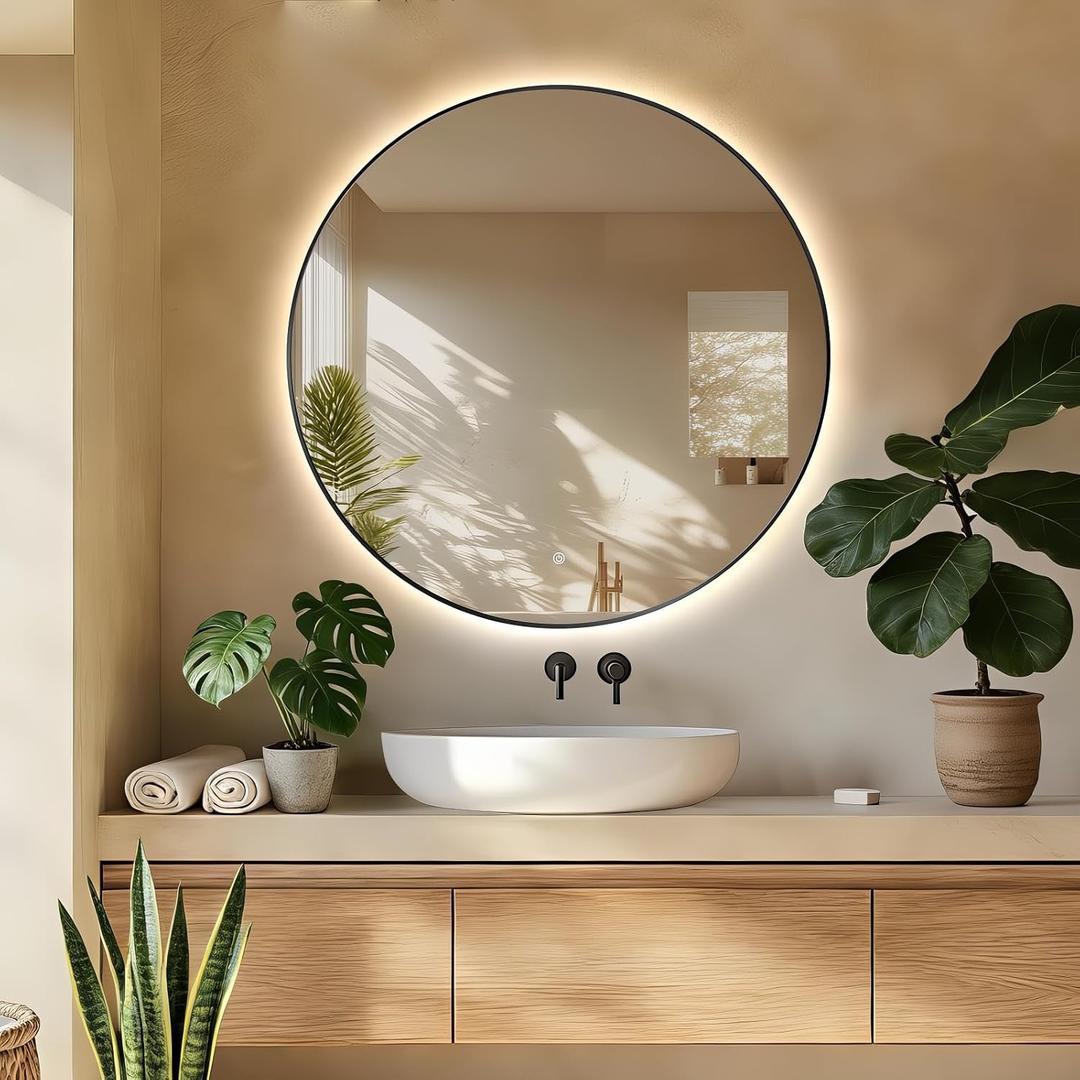 30" Round LED Bathroom Mirror, Wall Mounted Backlit Vanity Mirror with 45 Beveled Frame Lighted Mirror for Bedroom, Fog Free 3-Color Dimmable Lights Memory Function, Black