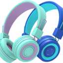 iClever [2 Pack BTH02 Kids Bluetooth Headphones for School with MIC, 85dBA Volume Protection, Adjustable Foldable,for iPad/Tablet/Airplane, Green/Blue (small)