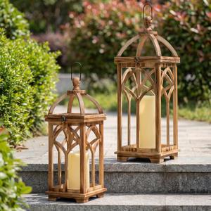 Large Farmhouse Wooden Decorative Lantern Set of 2, Rustic Brown Burnt Wood Hanging Lanterns for Indoor Outdoor Home Garden Porch Wedding Decor (No Glass)