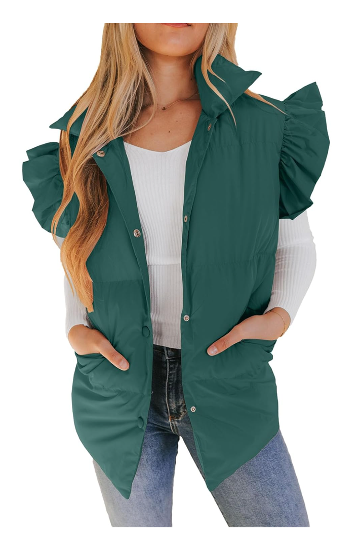Valphsio Women's Puffer Vests Ruffle Sleeve Winter Button Down Padded Gilet with Pockets, S