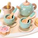 15pcs Wooden Tea Set for Little Girls, MONT PLEASANT Wooden Toys, Toddler Tea Set Play Kitchen Accessories Play Food playset for Kids Tea Party