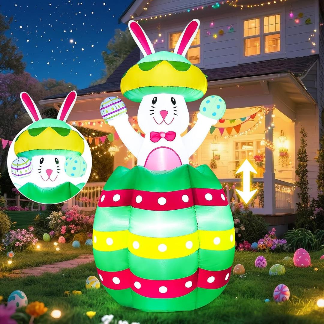 Easter Inflatables Outdoor Decorations 6FT Bunny Blow Up Pop Up and Down Out of Egg Rabbit Inflatable with Bulit-in Led Lights Yard Lawn Party Spring Home Dcor