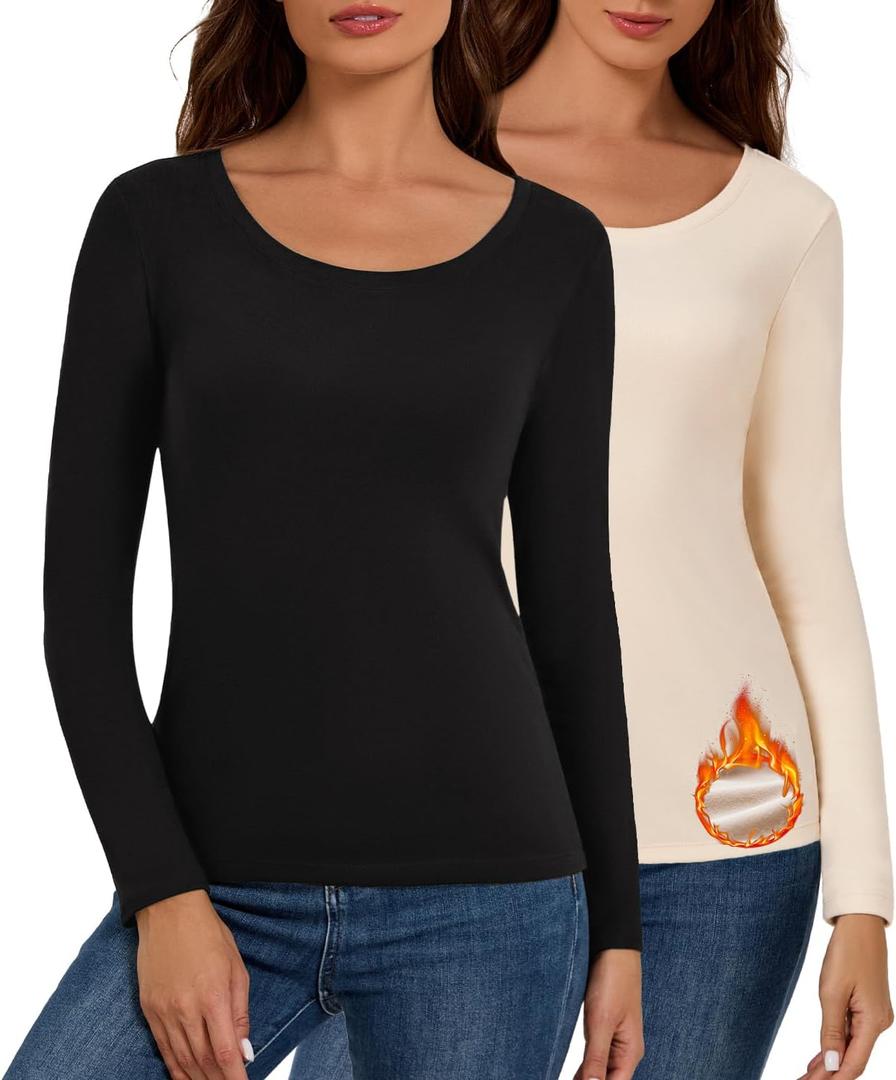 Bonneuitbebe Women's Thermal Shirt 2 Pack Long Sleeve Crewneck Fleece Lined Undershirt Ultra Soft Base Layer Tops (Medium, Black & Beige)