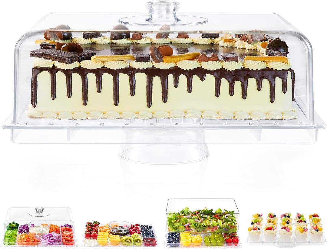 Cake Stand with Lid-Extra Large 17" Rectangular Cake Holder,8-in-1 Multi-Functional Dessert Table Display Set & Charcuterie Board,Acrylic Cake Plate Dome Cover for Weddings/Cheese/Veggie/Chips & Dip