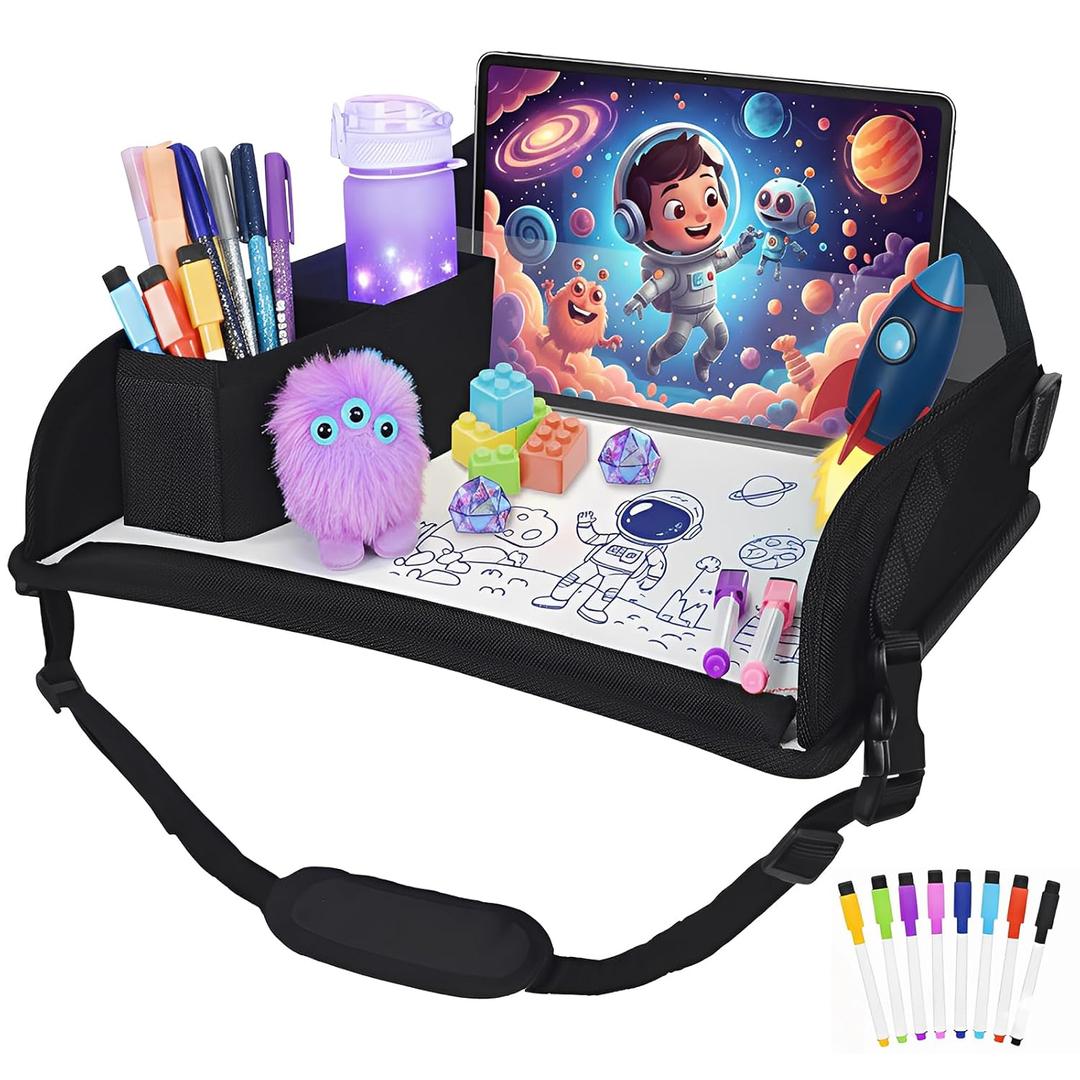 Upgraded Kids Travel Tray for Airplane - Toddler Car Seat Table Tray, Road Trip Essentials for Boys & Girls, Carseat Lap Desk for Kids Road Trip Activities, Black