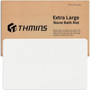 THMINS Extra Large White Stone Bath Mat, 32''x20'' Non-Slip Diatomaceous Earth Stone Bath Mat, Super Absorbent Quick Drying for Bathroom, Easy to Clean