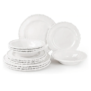 AELS Beaded Melamine Dinnerware Set of 12 Pcs Dinner Dishes Set for Indoor and Outdoor Use, Dishwasher Safe, Lightweight Unbreakable, BPA Free, Glossy White