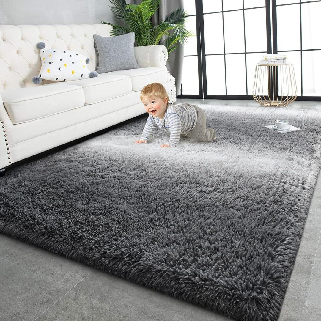 TWINNIS Super Soft Shaggy Rugs Fluffy Carpets, 5x8 Feet, Indoor Modern Plush Area Rugs for Living Room Bedroom Kids Room Nursery Home Decor, Upgrade Anti-Skid Rectangular Fuzzy Rug, Grey White