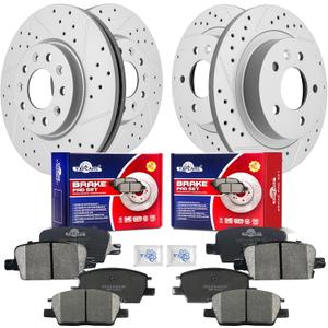 Front & Rear Drilled Slotted Rotors and Ceramic Disc Brake Pads Kit for Chevy Malibu 2016 2017 2018 2019 With Manual Parking Brake