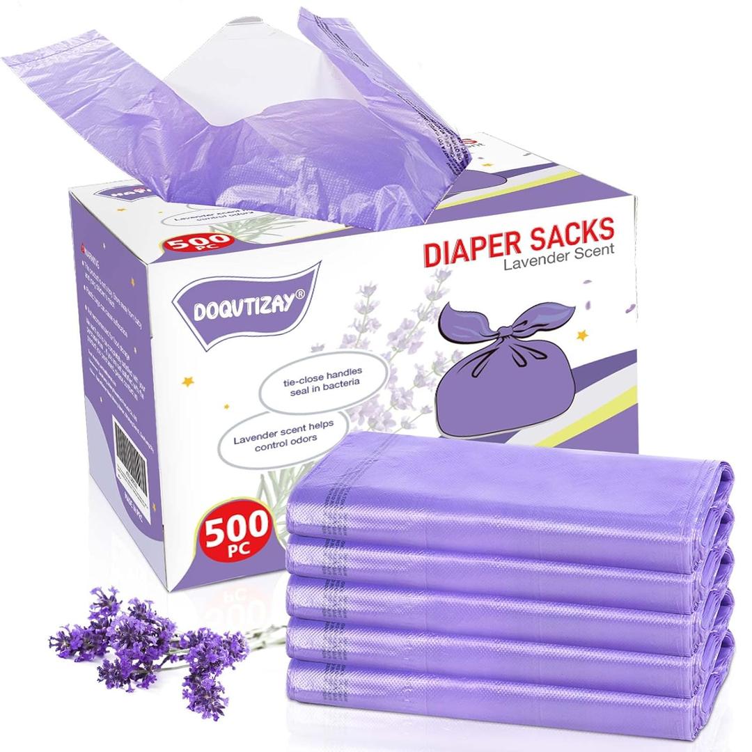 Baby Disposable Diaper Bags Easy-To-Tie Tabs Diaper Sacks with Lavender Scented Diaper Disposal or Pet Waste Bags (500 Count)