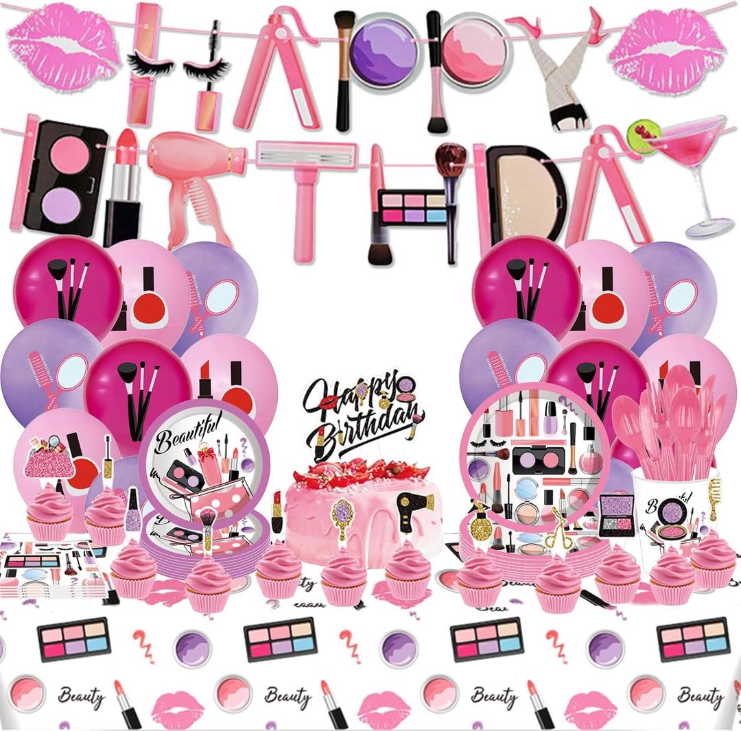 Makeup Birthday Party Supplies include Happy Birthday Banner Balloons Cupcake Toppers Plates Napkins Cups Knives Spoons Forks Tablecloth, Spa Party Decoration for Girls Women