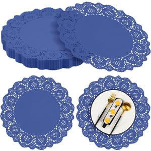 MCEAST 100 Pack Round Blue Paper Doilies 13.5 Inches Lace Place Mats Rustic Scallop Doily Disposable Paper Table Pads for Food Cakes Crafts Party Weddings Tableware Decor