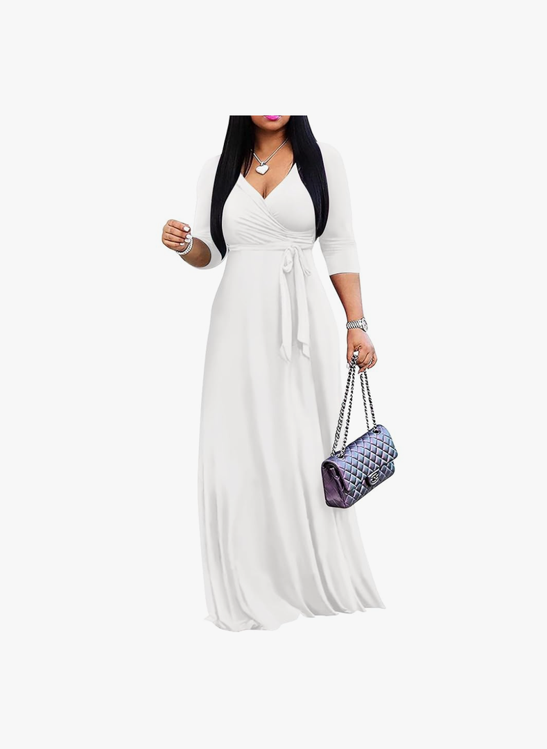 Women's 2025 Maxi Dress - Solid Color Bohemian Summer Long Maxi Dress V-Neck 3/4 Sleeve, Size XL