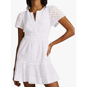 Women's 2024 Summer Short Sleeve Dress V Neck A Line Hollow Out Short Dress Cute Casual Beach Party Cocktail Dresses Medium