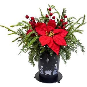 Lighted Christmas Centerpiece Metal Potted with Timer Christmas Nativity Scene Black Metal Base with Xmas Poinsettia Pine Needles Red Berries for Table Centerpiece Holiday Xmas Decor