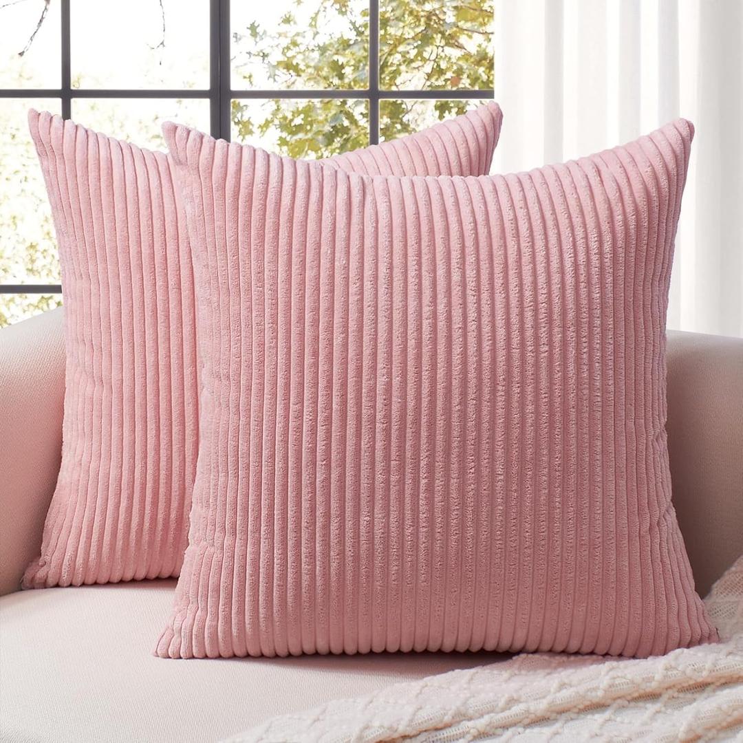 Softalker Decorative Throw Pillow Covers 20x20, Set of 2 Soft Corduroy Striped Boho Solid Pillow Cover, Modern Farmhouse Home Decor House Warming Gifts for Couch Sofa Bed Living Room, Light Pink