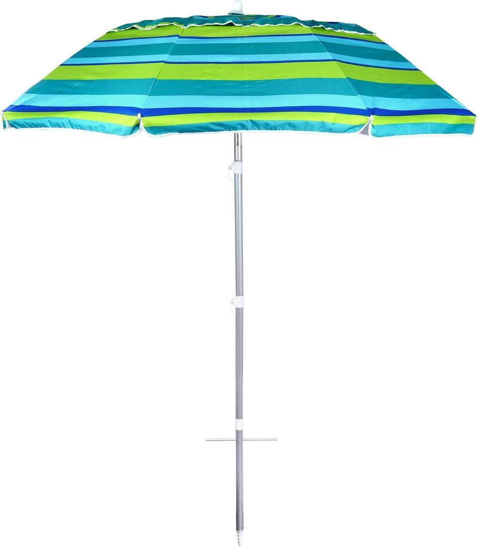 6.5ft beach umbrella with sand anchor, Beach Umbrella for Sand with Tilt, Air vent UPF 50+ Protection Fits in a large Suitcase for Patio Garden Beach Pool Backyard, Green Stripe CH-1501
