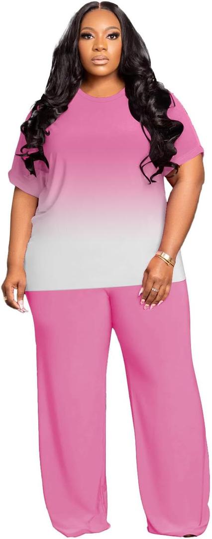 Tycorwd Women's Plus Size Two Piece Outfits Sweatsuits Sets Casual Short Sleeve Tops Loose Wide Leg Pants Tracksuit Sets (Pink, XXXL)