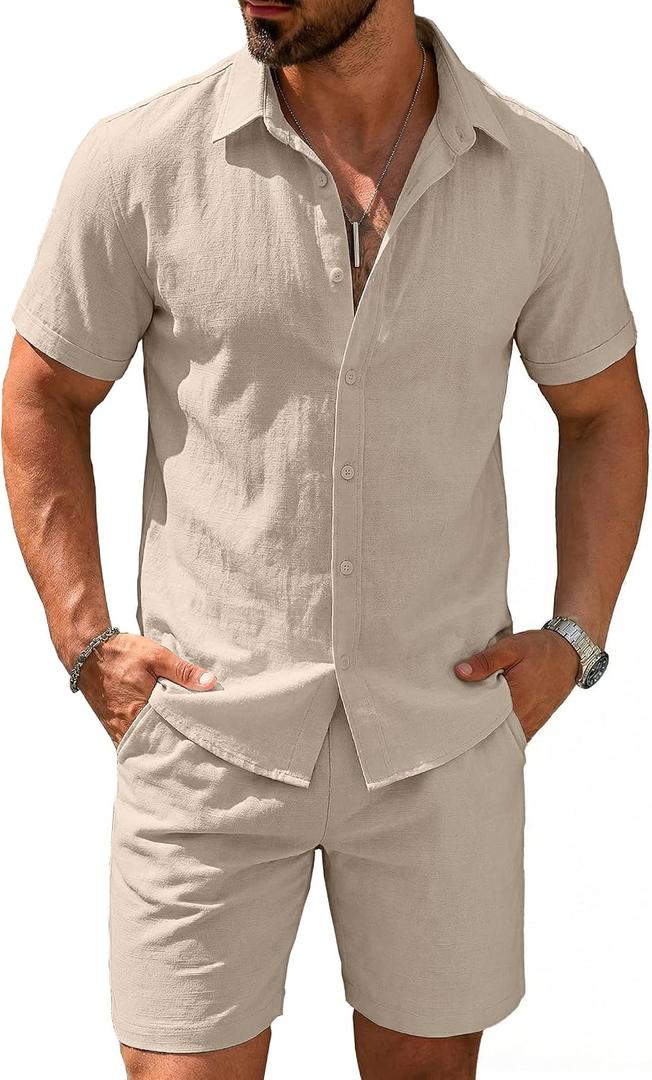 COOFANDY Men's 2 Pieces Cotton Linen Set Short Sleeve Button Down Shirts Summer Beach Shorts Casual Outfits, M