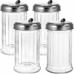 Tebery 4 Pack Sugar Shaker Dispenser Airtight, 12 Oz Thick Glass Sugar Pourer Container with Pour Flap Lid, Powdered Creamer Spice Dispenser for Coffee Bar, Salt, Pepper, Retro Style