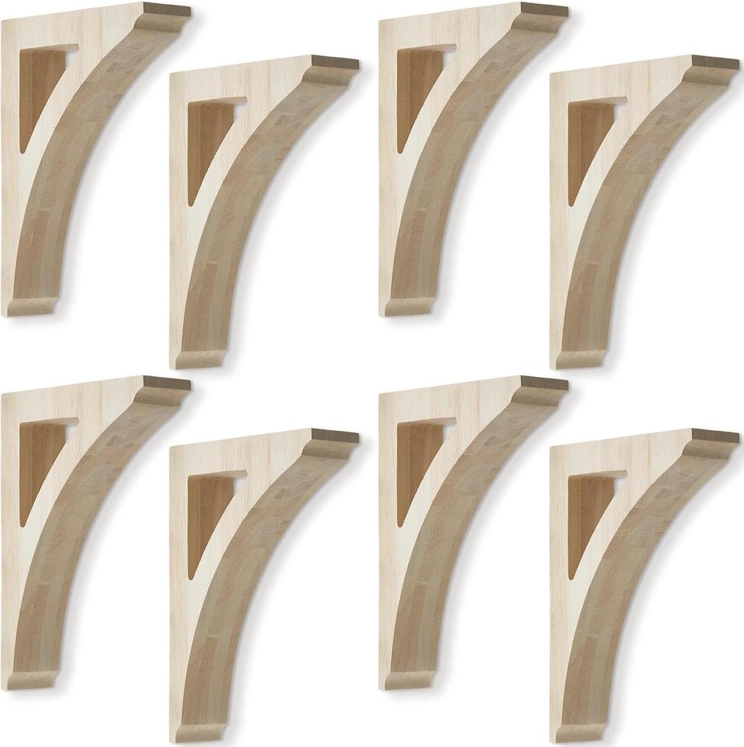 Briwooody 8 Pcs 1 3/4" W x 7 1/2" D x 10 1/2" H Traditional Wood Corbels Wooden Shelf Brackets Unfinished Paintable Solid Wooden Bracket for Doorway Countertops Home Shelves Cabinet Furniture Support