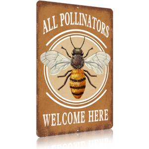 Vintage Garden Signs all pollinators welcome here Retro Yard Metel Tin Signs outdoor Aluminium Wall Decor (11.8" x 7.8")