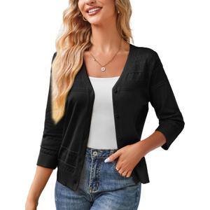 GRACE KARIN Women's 2025 Cropped Cardigan 3/4 Sleeve Lightweight Crochet Shrug Hollowed-Out Knit Sweater Tops (Black, S)
