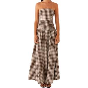 Women's Strapless Tube Long Dress Y2K Sleeveless Off Shoulder Ruched Backless Flowy Bodycon A Line Party Maxi Dress (Light Brown, Small)