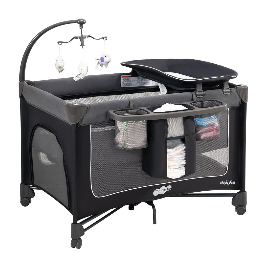 Pamo Babe Magic Fold Pack and Play with Bassinet 1 Step Set Foldable Playards Baby Playard with Changing Table Portable Playpen with Zip Door (Spanish Grey)