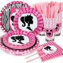 Hot Pink Girls Birthday Party Supplies 120pcs Disposable Princess Doll Paper Plates and Napkins for Party Decorations Cups Tablecloth for Boys Girl Birthday Decor, Serve 30