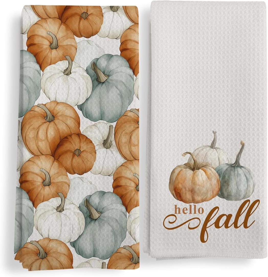Fall Pumpkin Kitchen Towels Set of 2, Rustic Fall Hand Towels for Bathroom, Farmhouse Autumn Harvest Pumpkin Decorative Dish Tea Towels for Kitchen Decor, Autumn Bathroom Decor, 16X24In