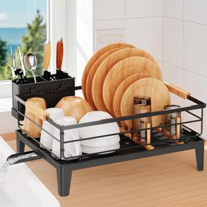 JYPS Dish Drying Rack for Kitchen Counter Decor with Drainboard Auto-DrainRustproof Dish Rack Drainers with Utensil Holder, Wooden Handles360 Rotatable Drainer, Higher Legs (Black)
