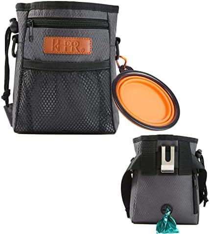 KHPR Dog Treat Training Pouch Easily Carries Pet Toys Kibble,Treats Built-in Poop Bag Dispenser 3 Ways to Wear Comes with a Foldable Silicone Bowl(Dark Grey)