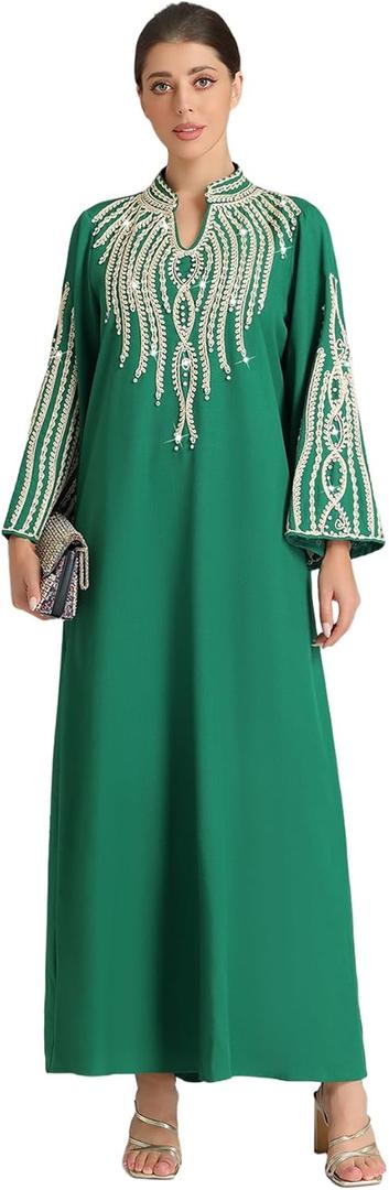 Elegant Green Abaya Kaftan Dress with Golden Embroidery Loose Fit Maxi Jalabiya Gown for Middle Eastern Party Eid (Medium)