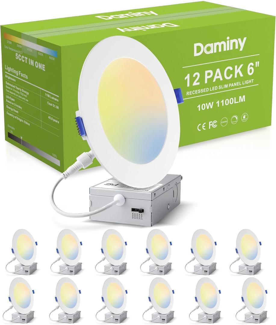 DAMINY 12 Pack 6 Inch LED Recessed Lighting with Junction Box,5CCT,Ultra-Thin Recessed Light,10W 1100LM, Dimmable Canless Wafer Ceiling Light, High Brightness (White)