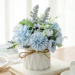 Artificial Flowers in Pot, Mini Blue Hydrangea Artificial Flower with Ceramic Vase for Desk Decorations, Flower Centerpieces for Tables (Blue)