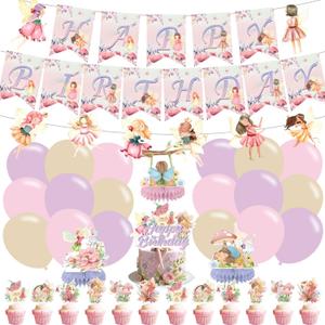 Fairy Party Supplies ,Pink fairy Party Supplies Decorations with Happy Birthday Flower Fairy Banner, Cake Topper,Flower Fairy Balloons, Centerpieces,Multi-Color Balloons for Fairies Party