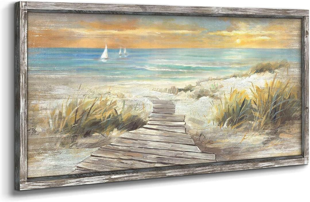 Beach Pathway Wall Art Framed: Coastal Wooden Artwork Hand Painted Seaside Painting Seascape Pictures Bedroom(40X20)
