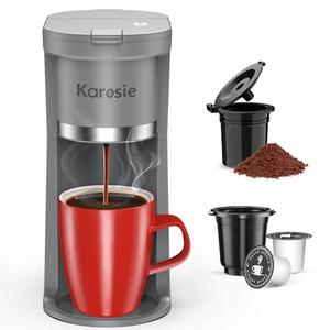 Karosie Small Single Serve Coffee Maker, Fast Brew for K-Cup & Ground Coffee, 6-12 Oz Brew Sizes, One-Button Single Cup Coffee Maker, Coffee Machine with Descaling Reminder,Grey, 9.45 Inches