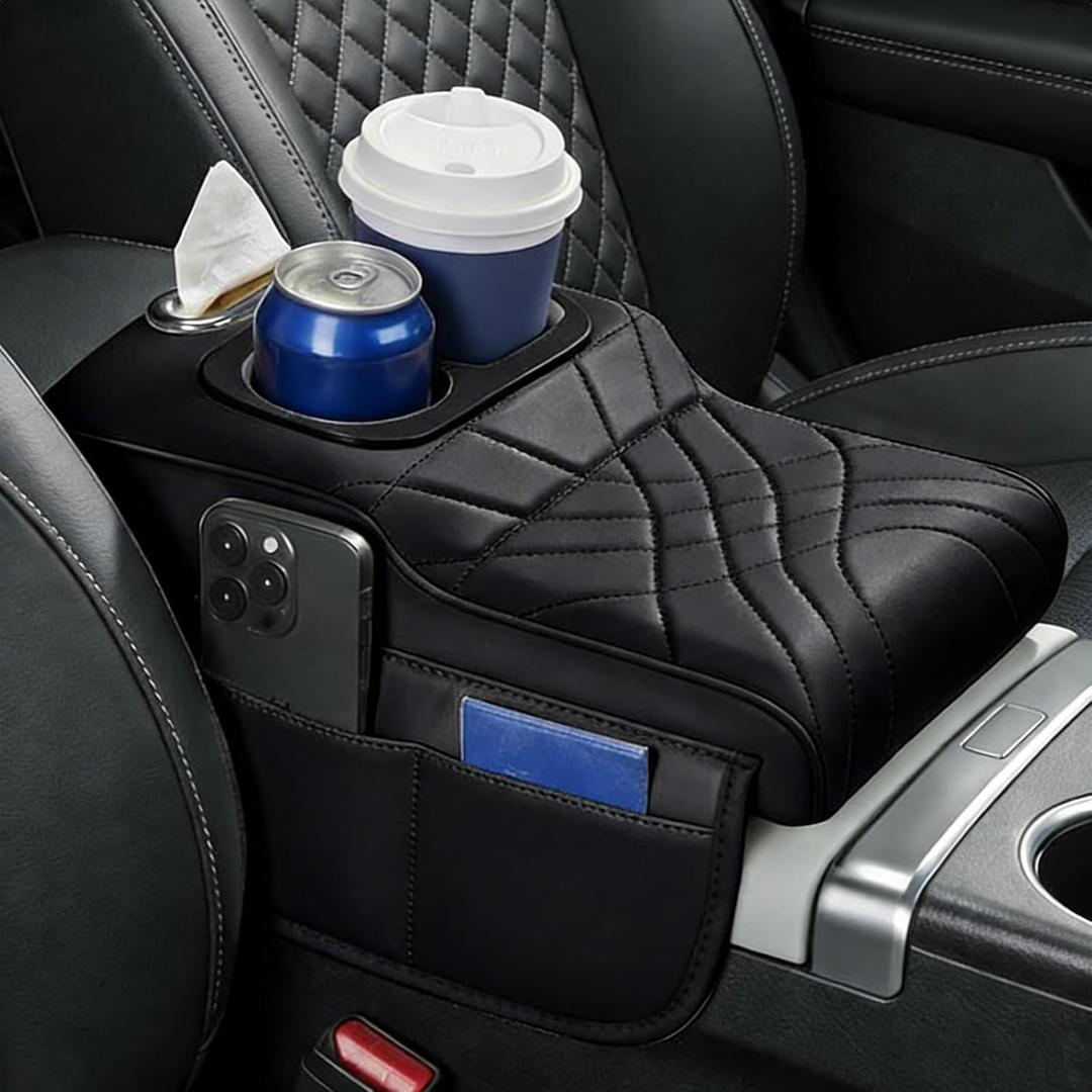 Car Armrest Box Cover Pad, Durable Middle Console Liner with 2 Cup Holders and Organizer Bags, Fits Most Vehicle Models, Black