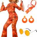 Leumoi 6 Pcs 60s 70s Disco Outfit Women Hippie Costume Accessories Flared Pants Headband Earrings Sunglass (X-Large, Floral)