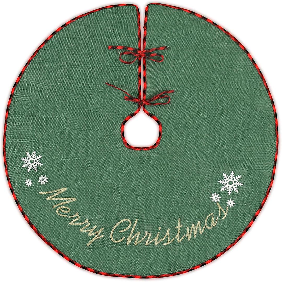 N&T NIETING Burlap Christmas Tree Skirt, 30 Inches Rustic Xmas Tree Skirt for Christmas Decorations, Merry Christmas Tree Ornaments, Holiday Home Decor(Green)