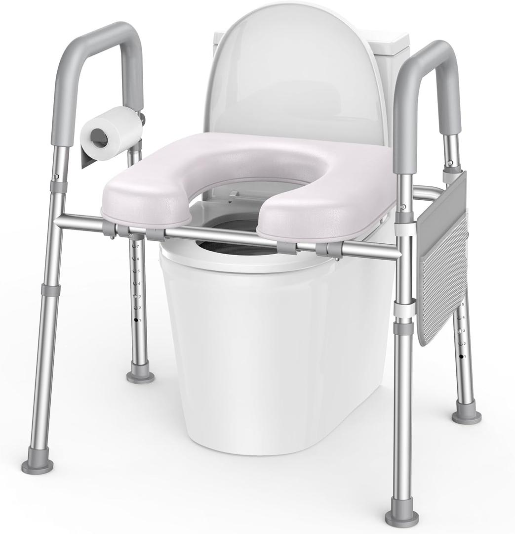 KEKOY Toilet Seat Risers for Seniors with Handles, Adjustable Height and Width Elevated Toilet Seat, Tool-Free Assembly Padded Seat for Elderly Handicap, Fits Most Round and Elongated Toilets, Grey