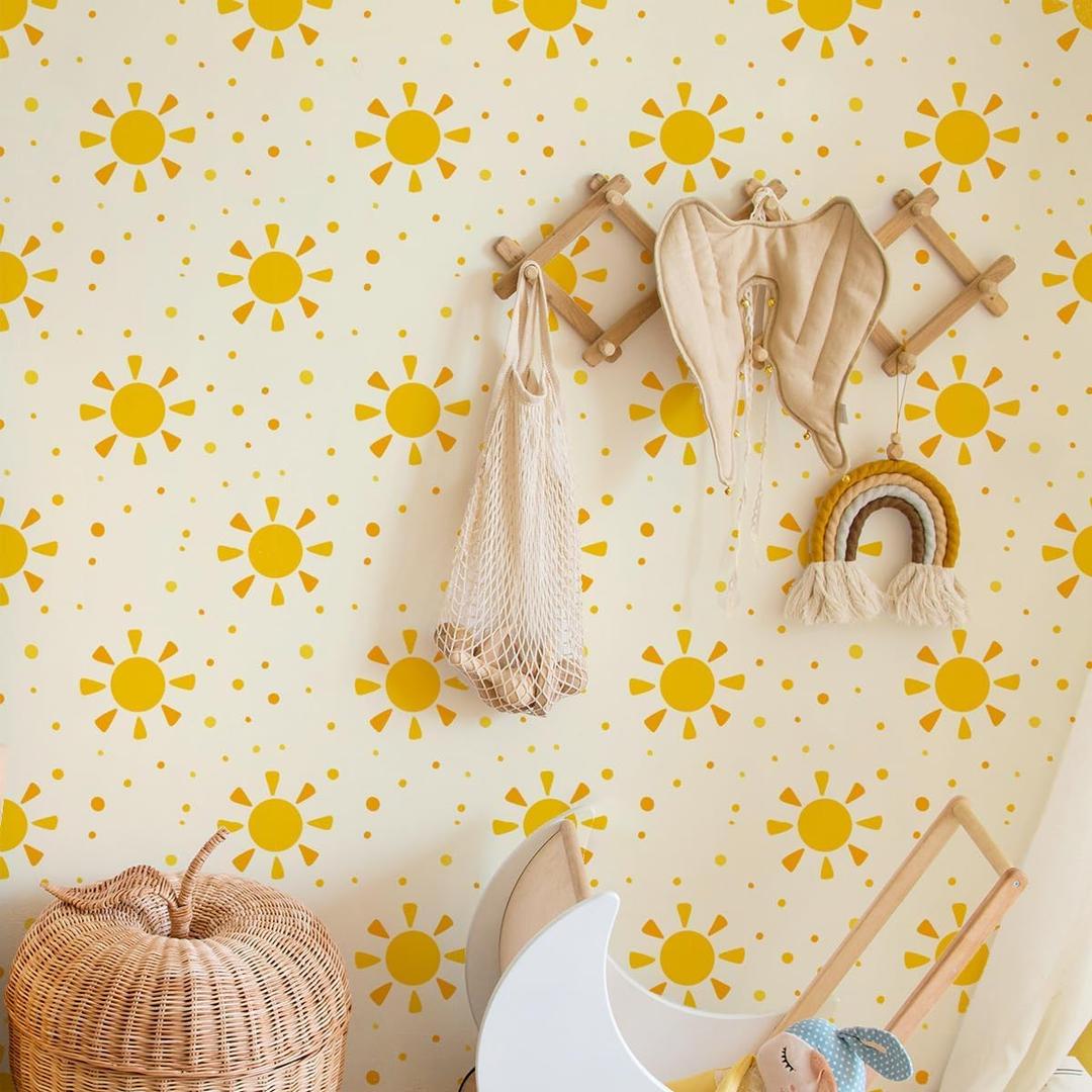 118.18 X 17.71 Inch Boho Sun Wallpaper Watercolor Sun Wallpaper Yellow Sunshine Removable Self-Adhesive Wall Decorations for Classroom Bedroom Play Room Office Home Art Living Room Decor
