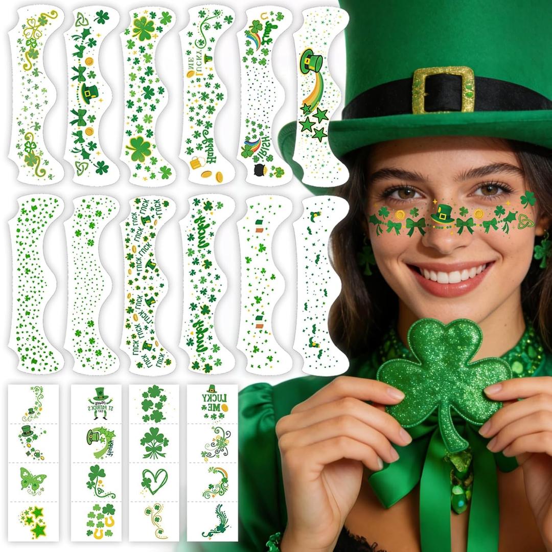 28 PCS St Patricks Day Glitter Face Temporary Tattoos, Gold Green Freckles Shamrocks Irish Flag Leprechauns Hats Face Patches Stickers for Adult Women Teen Kid, St. Patricks Day Makeup Accessories